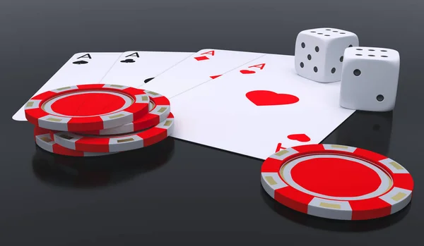 ポーカーセットカードチップとダイスを閉じる3Dレンダリングイラスト — ストック写真