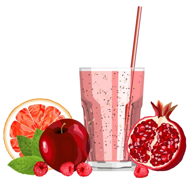 Red color blended smoothie in a glass with ingredients vector illustration — Stock Vector