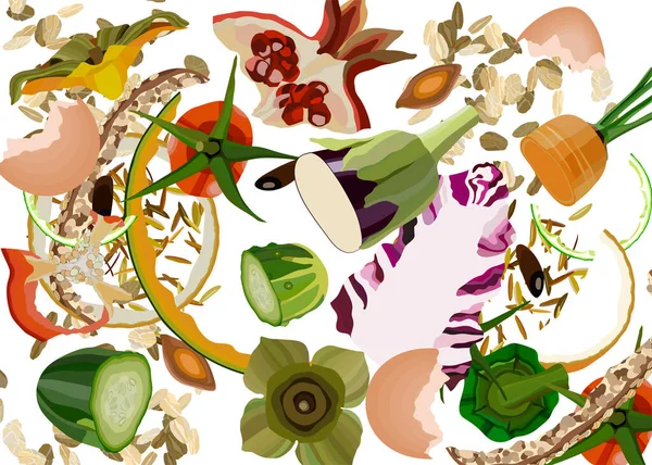 Composting pile of rotting kitchen fruits and vegetable scraps garbage waste — Stock Illustration Composting pile of rotting kitchen fruits and vegetable scraps garbage waste Stock Vector
