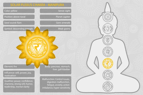 Simboli dei chakra con descrizione dei significati infografici — Vettoriale Stock