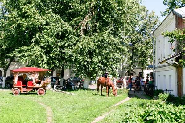 Cavalo e carruagem em uma das ruas centrais de Suzdal — Fotografia de Stock