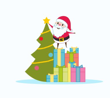 Noel Baba Noel ağacı süsle. Hediyeler üzerinde duruyor. Vektör çizim için davetiye, tebrik kartı tasarımı, tişört baskı, ilham poster.