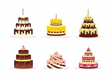 Lezzetli kek krem ile doğum günü, düğün, yıldönümleri ve diğer kutlamalar için ayarlayın. Beyaz arka plan üzerinde izole bir düz tasarım vektör çizim