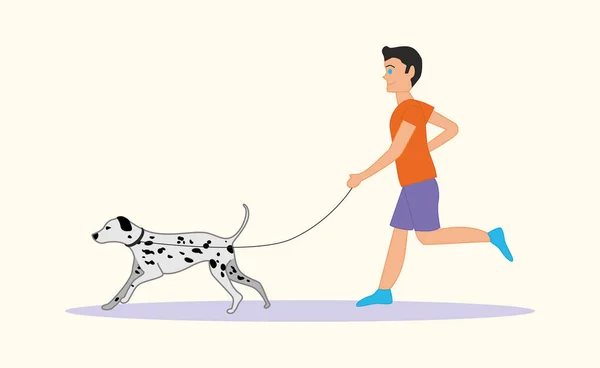 Man or boy running with dog breed Dalmatian. Vector illustration isolated on white background — Stock Vector