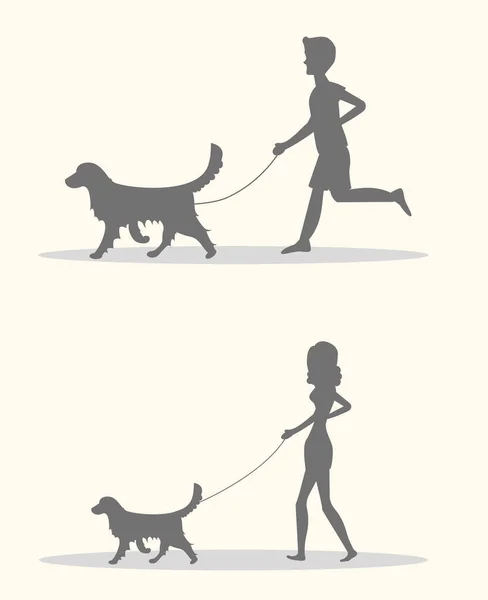 Silhuetas de homens e mulheres a passear os cães. Conjunto de ilustração vetorial —  Vetores de Stock