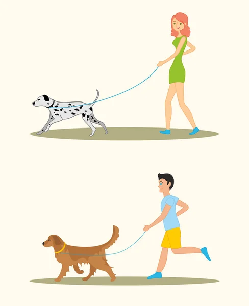 Hombres y mujeres en ropa casual paseando a los perros de diferentes razas, personas activas, tiempo libre. Hombre con Golden retriever y mujer con razas de perros dálmatas. Conjunto de ilustración vectorial — Vector de stock