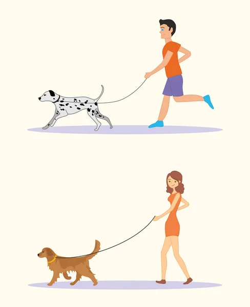 Kadın ve erkek rahat kıyafetler farklı doğurmak, aktif insanlar, boş zamanlarınızı köpekler yürüyüş. Golden retriever ve Dalmaçya köpek ırkları. Vektör çizim seti — Stok Vektör