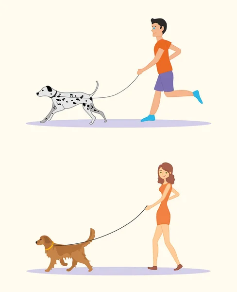 Hombres y mujeres en ropa casual paseando a los perros de diferentes razas, personas activas, tiempo libre. Golden retriever y razas de perros dálmatas. Conjunto de ilustración vectorial — Vector de stock