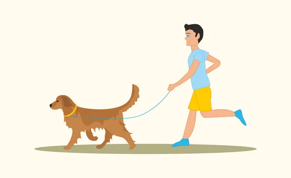 Los hombres que pasean al perro de raza golden retriever. Ilustración vectorial aislada sobre fondo blanco — Archivo Imágenes Vectoriales