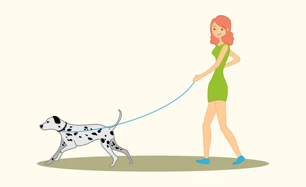 Frauen, die den Hund Dalmatiner ausführen. Vektor-Illustration isoliert auf weißem Hintergrund — Stockvektor