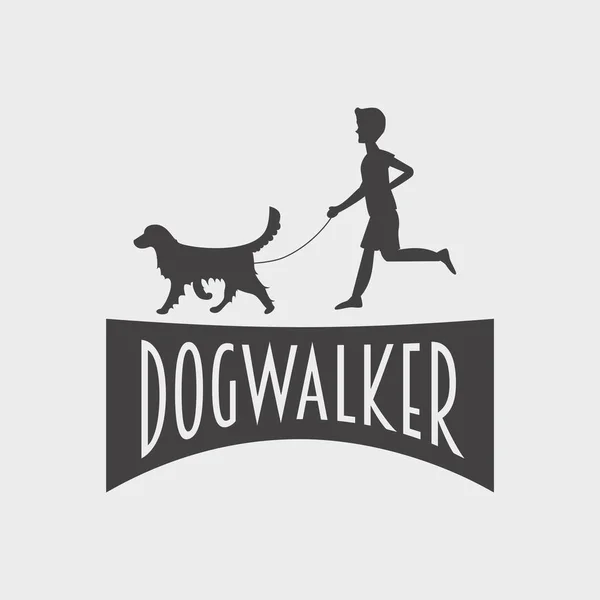 Toko hewan atau logo toko, label atau konsep lencana. Anjing walker siluet anjing golden retriever dan anak laki-laki atau anak muda - Stok Vektor