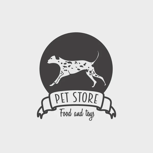 Negozio di animali o negozio logo, etichetta o distintivo concetto con illustrazione del cane dalmata in esecuzione — Vettoriale Stock