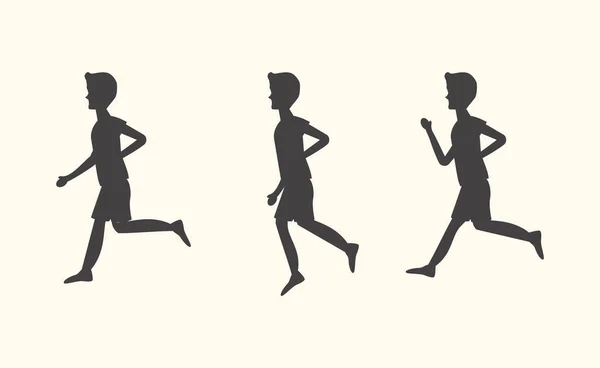 Ensemble de silhouettes vectorielles de garçon qui court ou de jeune homme. noir sur fond blanc — Image vectorielle