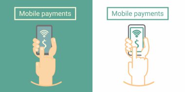 Mobil ödeme, el holding telefon ve itme üstünde perde. Düz ve doğrusal simge veya simge tasarım