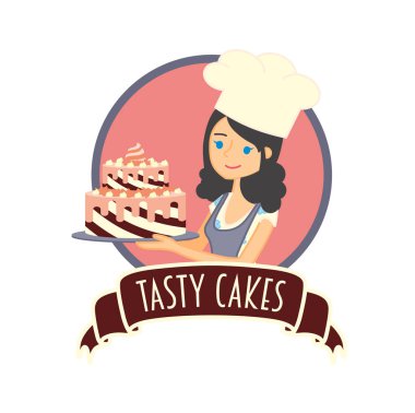 Sevimli kız veya bir lezzetli çikolatalı kek tutan genç bayan baker. Vektör karakter çizim. Bir yazıt lezzetli kek ile şerit