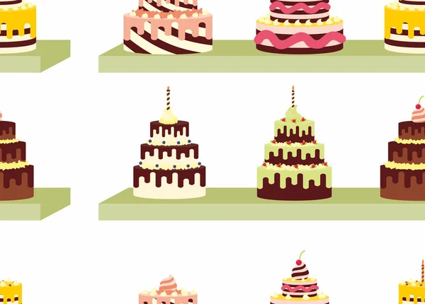 Seamless pattern with tasty cakes with cream for birthdays, weddings, anniversaries and other celebrations. Vector illustration of a flat design isolated on white background — Stock Vector