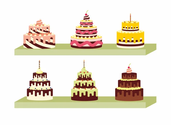Conjunto de sabrosos pasteles en el estante para cumpleaños, bodas, aniversarios y otras celebraciones. Ilustración vectorial de un diseño plano aislado sobre fondo blanco — Archivo Imágenes Vectoriales