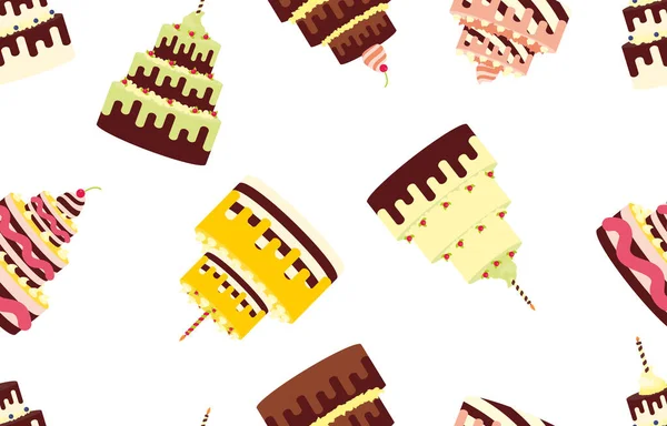 Seamless pattern with different cakes on a white background. Vector illustration — Stock Vector