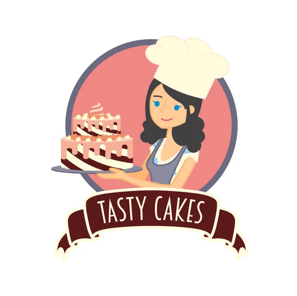 Aranyos lány vagy fiatal nő baker gazdaság egy finom csokoládé torta. Vektor karakter illusztráció. Szalag egy felirat finom sütemény — Stock Vector