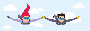 Vektör karakter skydivers erkek ve kadın. Mavi gökyüzünde uçan paraşütçüler.