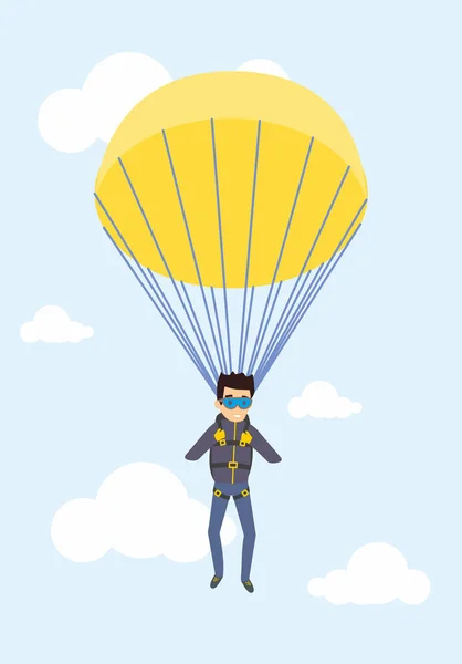 Fallschirmspringer mit Fallschirmspringer fliegt in den blauen Himmel. — Stockvektor