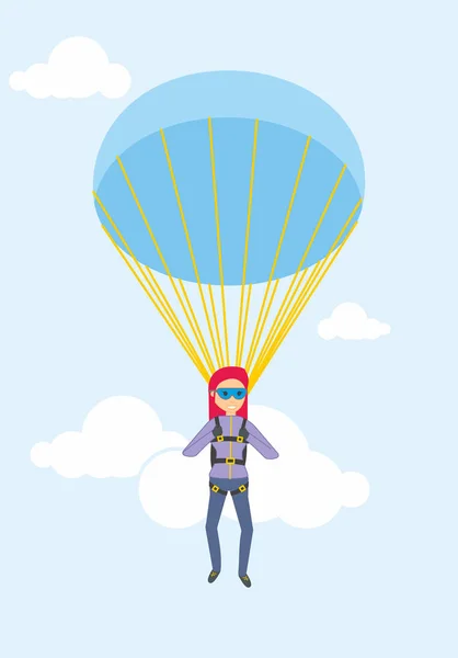 Parašutista žena s paratruper létání na modré obloze. — Stockový vektor