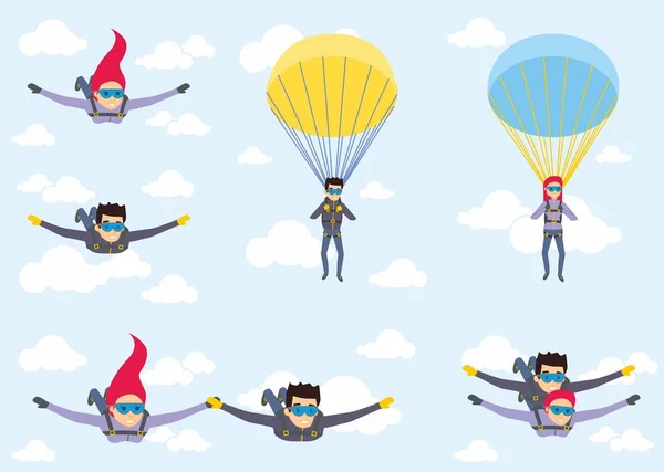 Skydiver man en vrouw vliegen in de blauwe hemel. Parachutist tekenset met paratrupers — Stockvector