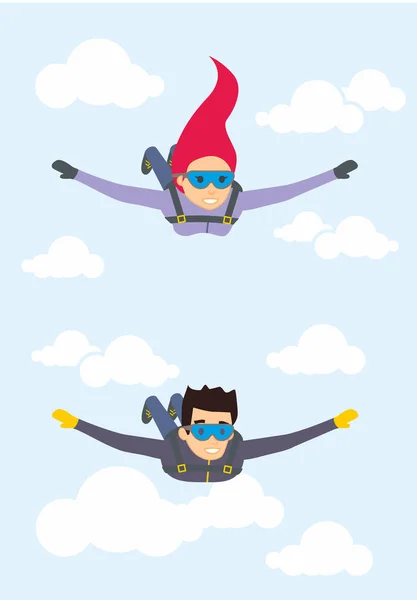 Skydiver man en vrouw vliegen in de blauwe hemel. Vectorillustratie tekens in vlakke stijl — Stockvector