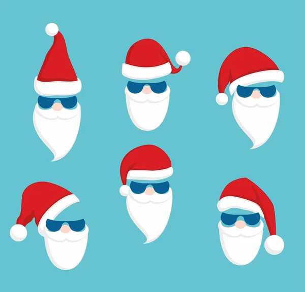 Sada Santa Claus tváří s sluneční brýle. Vánoční oblečení dovolená prvky na modrém pozadí — Stockový vektor