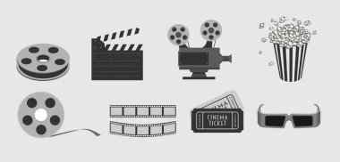 Film ve sinema nesneleri, simgeler ve tasarım öğeleri kümesi.