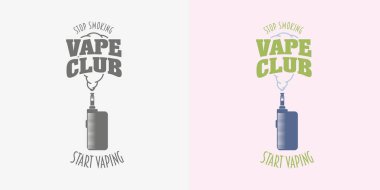 Vape kulübü rozeti, logo veya simge tasarım konsepti. Beyaz arka plan üzerinde Vaping kutusunu mod ve bulut vektör illüstrasyon izole.