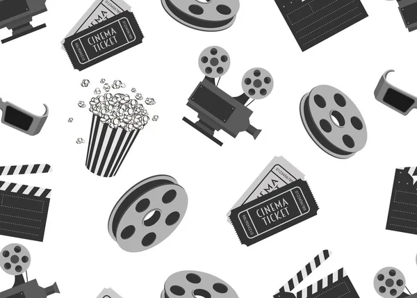 Patrón sin costura de cine con objetos de película. Clapperboard, entradas, vasos 3d y palomitas de maíz — Vector de stock