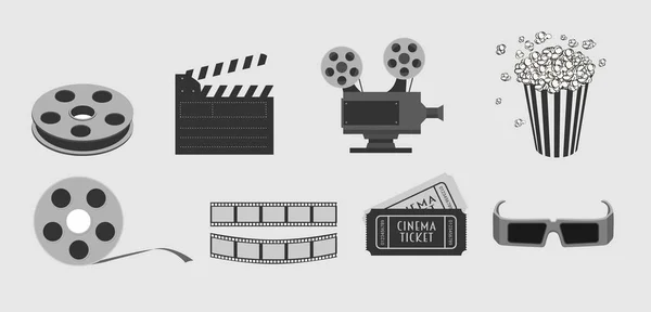 Film és mozi objektumok, az ikonok és a design elemek beállítása. — Stock Vector