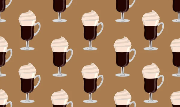 Irish coffee vector seamless pattern on brown background — Stock Vector