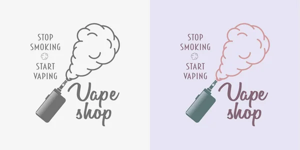 Vape loja de crachá, logotipo ou símbolo conceito de design isolado no fundo branco. Cor e monocromático —  Vetores de Stock