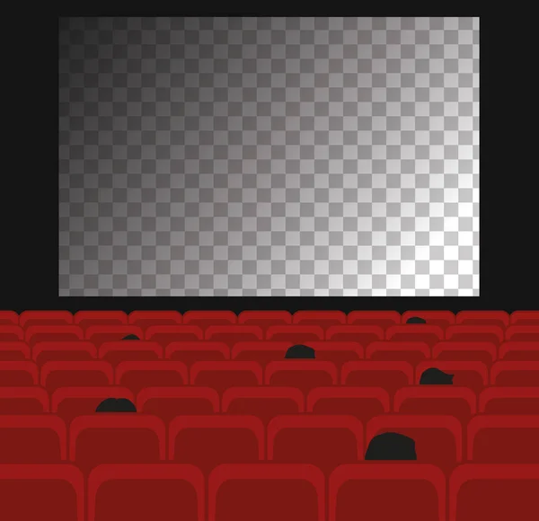 Auditorio de cine con pantalla transparente y asientos rojos . — Vector de stock