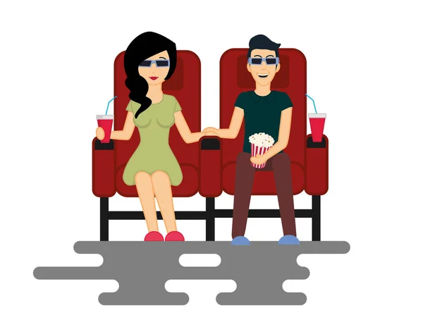 若いカップルの男と女は、映画館で映画を見ています。Vec — ストックベクタ