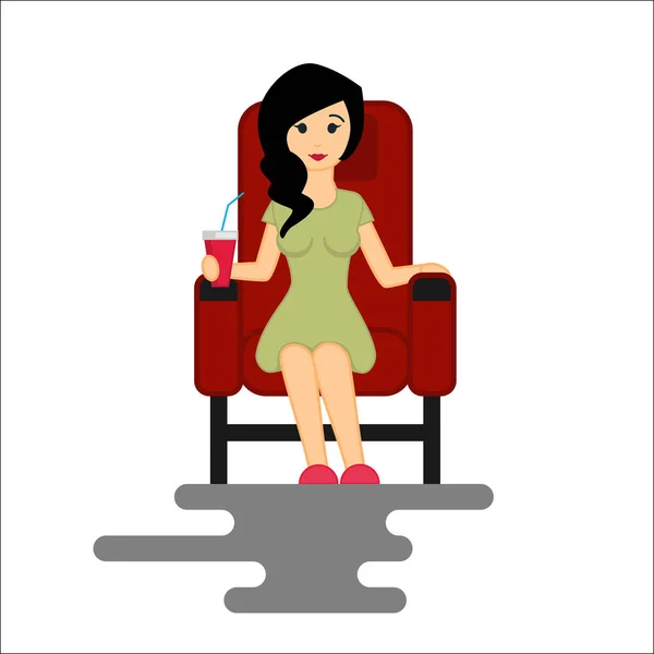 Une jeune femme regarde un film au cinéma avec un seau de pop-corn. Illustration vectorielle isolée sur fond blanc — Image vectorielle