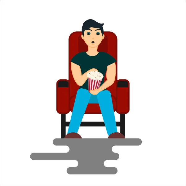 Jonge man is kijken naar de film in de bioscoop met popcorn emmer. Vectorillustratie geïsoleerd op witte achtergrond — Stockvector
