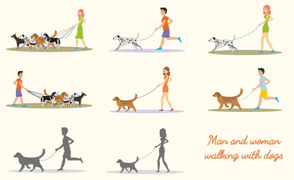 Hombre y mujer y en ropa casual paseando a los perros de diferentes razas. Conjunto de ilustraciones vectoriales — Archivo Imágenes Vectoriales