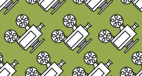 Movie seamless pattern with cinema camera projector on green background — Stock Vector