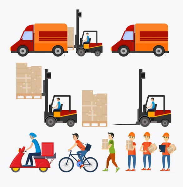Ensemble d'objets et de personnages de services de logistique et de livraison. Il — Image vectorielle