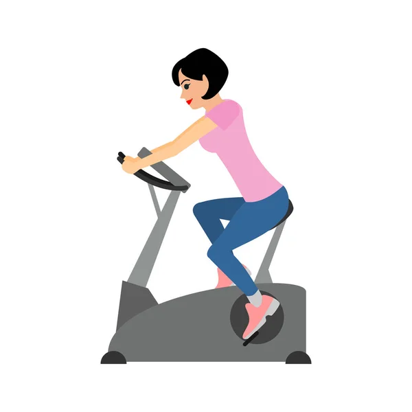 The woman trains riding an exercise bike. Vector illustration — Stock Vector