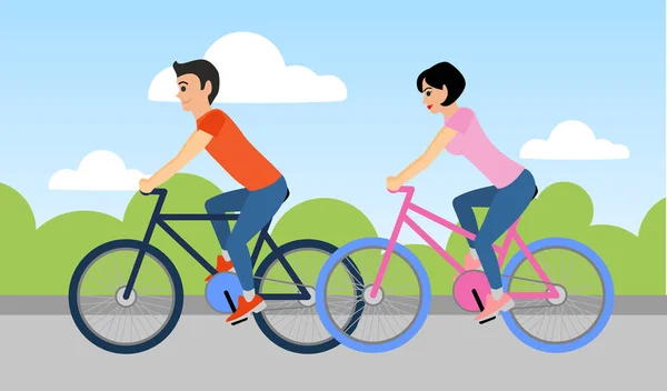 Couple of man and woman are riding a bicycle outdoors — Stock Vector