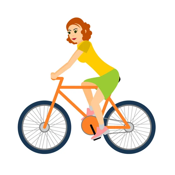 Kobieta rowerzysta jeździ rowerem. Wektor ilustracja na białym tle — Wektor stockowy