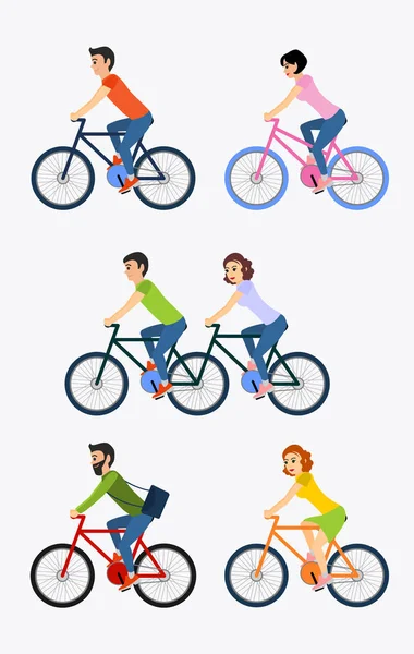 Vektor Illustration Set von Radfahrern Fahrrad fahren einschließlich Tandem-Fahrrad. — Stockvektor