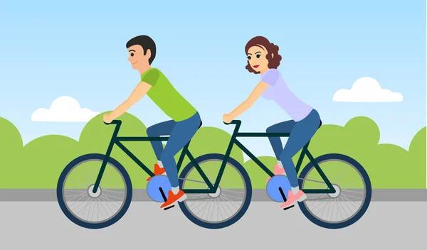 Um par de homens e mulheres estão a andar de bicicleta ao ar livre. Ilustração vetorial —  Vetores de Stock