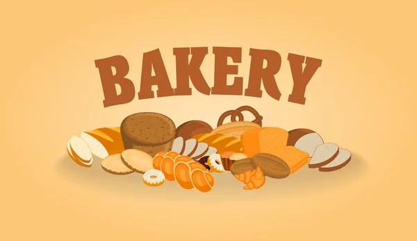 矢量海报设计模板与烘焙店产品。面包、 甜面包、 饼干、 羊角面包、 蛋糕和甜甜圈的插图 — 图库矢量图片