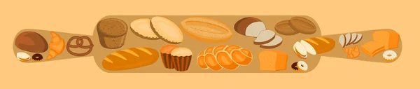 Bakkerij design concept met de deegroller en brood, zoete broodje, koekjes, croissant, cake, donut producten — Stockvector