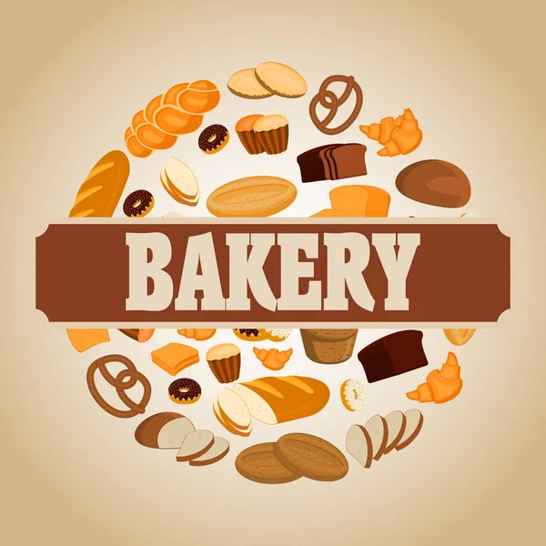 Плакат векторной пекарни с хлебом, сладкой булочкой, печеньем, круассаном, тортом, пончиками — стоковый вектор